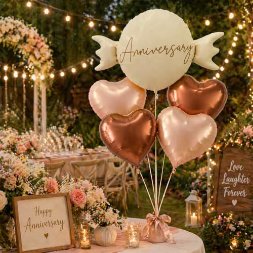 Image of Wanna Party Happy Anniversary Candy Shape Foil Balloon Set of 5 for Celebration Decoration | Candy Balloon with 2 Copper Heart Balloons & 2 Caramel Nude Heart Balloons | Helium Supported Party Decor
