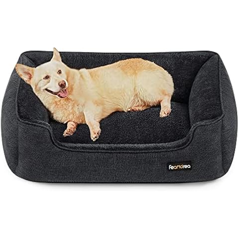 FEANDREA Hundebett, Hundekissen in Leinenoptik, Hundekorb, erhöhte Ränder, rutschfeste Unterseite, Bezug abnehmbar und waschbar, Größe L Cover