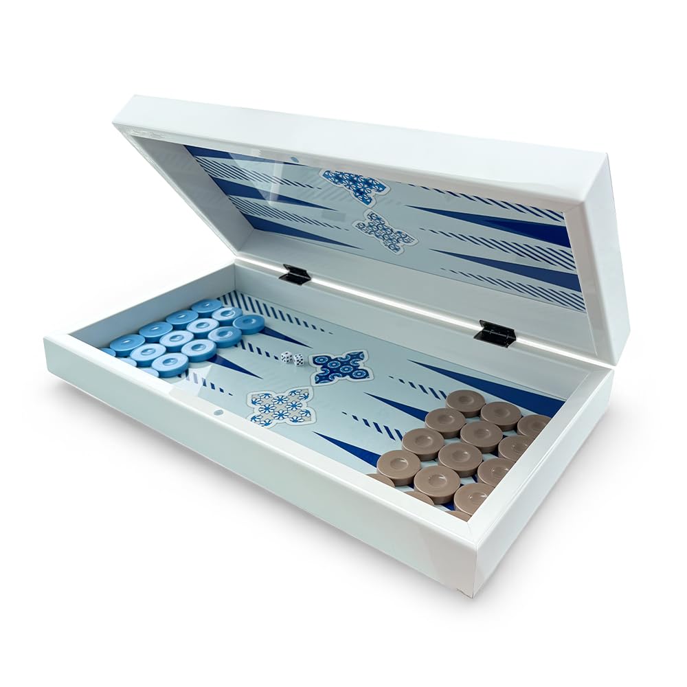 Biggdesign Niebieski Tile Backgammon, korpus MDF, zamknięcie magnetyczne, błyszczące lakierowanie ochronne, odporna na zarysowania powierzchnia do gry, w zestawie kostki i klocki