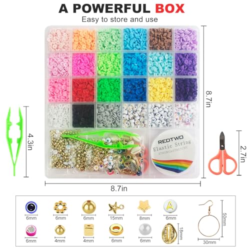 Redtwo REDTWO-CLAY BEADS 6200 Pcs Clay Beads Bracelet Making Kit, Flat Round Polymer Heishi Friendship Bracelet Jewelry Kit With Charms And Elastic Strings For Girls 8-12 Gifts For Kids thumb #3