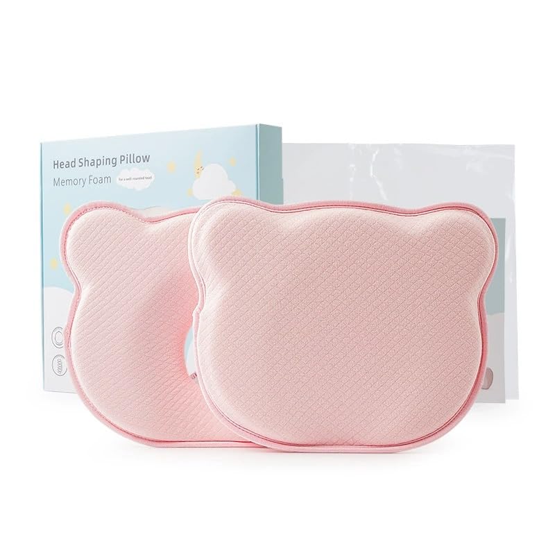 LIFE ESSENTIALS Almohada para bebés hasta los 36 Meses, con 2 Fundas, Funda extraíble, Almohada Cabeza Antiplana Plagiocefalia, 100% de Espuma Viscoelástica, Hecha de Memory Foam (Rosa)
