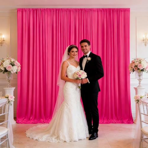 Image of 10ft x 10ft Fuchsia Backdrop Curtains for Parties, Polyester Fabric Backdrop Drapes with Rod Pockets for Weddings, Birthday, Halloween, Photography, Christmas Party Background Curtain, 2 Panels