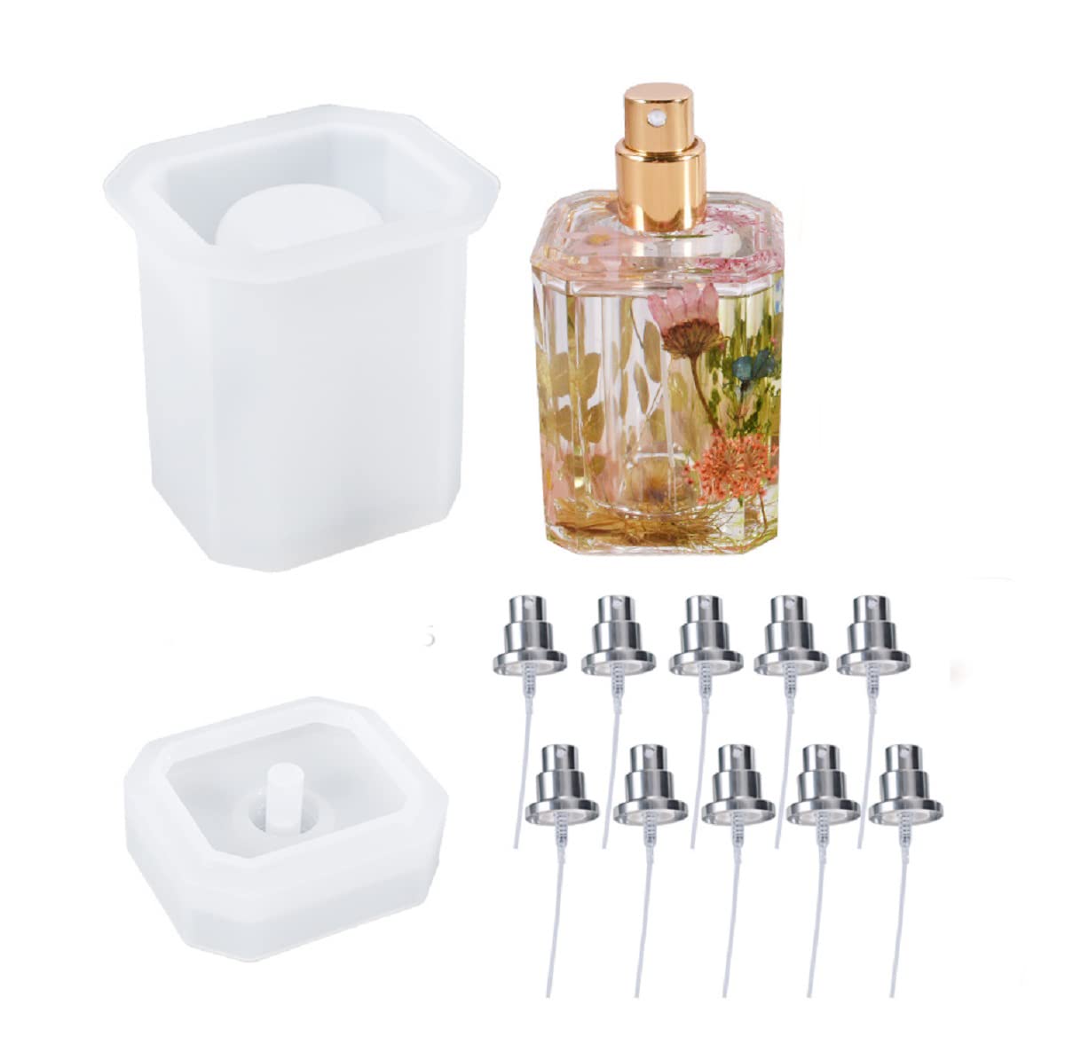 Yalulu Aromatherapy Bottles Resin Mold with 10 x Sprinkler, Mini Spray Bottles Silicone Mold, Perfume Bottle Epoxy Casting Moulds for DIY Home Decoration (Silver)