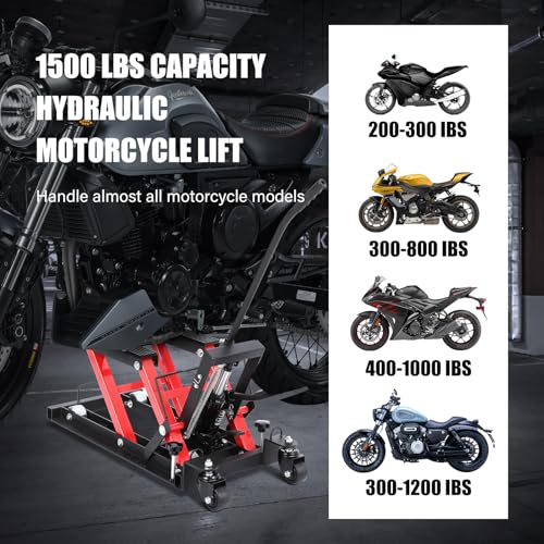 Image of GarveeTech Hydraulic Motorcycle Lift Jack, 1500 LBS Capacity Scissor Lift Jack with 4 Wheels and Handle, Portable Foot-Operated Hoist Stand Motorcycle Lift Table for ATV, Motorcycle, UTV, Powersports