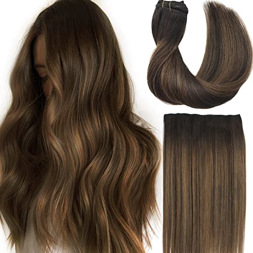 RemyChat Hair Extensions Real Human Hair, Dark Brown mixed Chestnut Brown, Hair Extensions with Fish Line 14 inch Straight Remy Hair Extensions