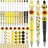 Geyee 12 Set Plastic Beadable Pens Assorted Bead Pens Crystal Wood Round Spacer Set Black Ink DIY Ballpoint for Women Men Gift Office Supplies(Sunflower)