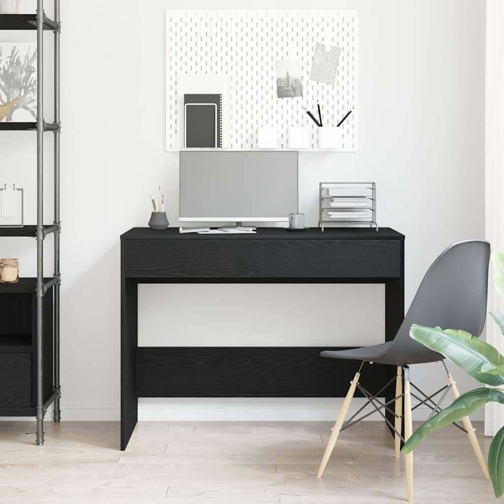 Escritorio de aspecto de roble negro 101 x 50 x 76,5 cm, mesa de trabajo con 2 cajones, amplia mesa para ordenador y suministros de oficina, superficie de fácil cuidado