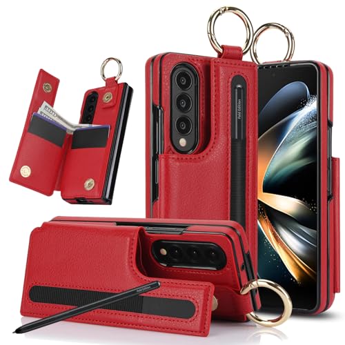 XIMAND for Samsung Galaxy Z Fold 4 Wallet Case with S-Pen Holder and Credit Card Holder, Cash Slot, Premium Leather Magnetic Clasp Kickstand Heavy Duty Ring Protective Cover.(Red)
