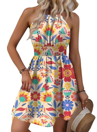 Image of BLENCOT Womens Summer Beach Halter Neck Dresses Casual Smocked A Line Floral Mini Dress with Pockets