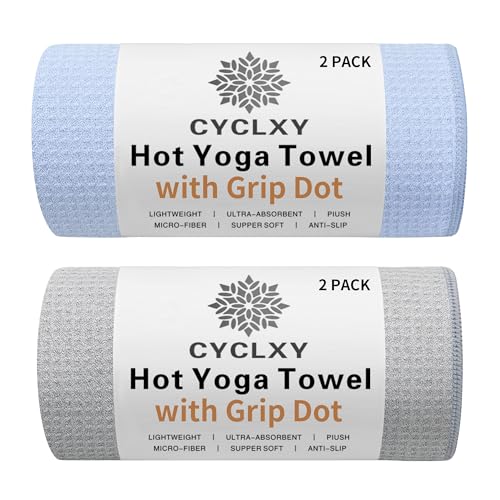 CYCLXY 2 Pack Hot Yoga Towel with Grip DotStickyfiber Yoga Mat Towels Non Slip for Hot Yoga Absorbent Microfiber Sweat Anti-Slip Cover Bikram Pilates Exercise