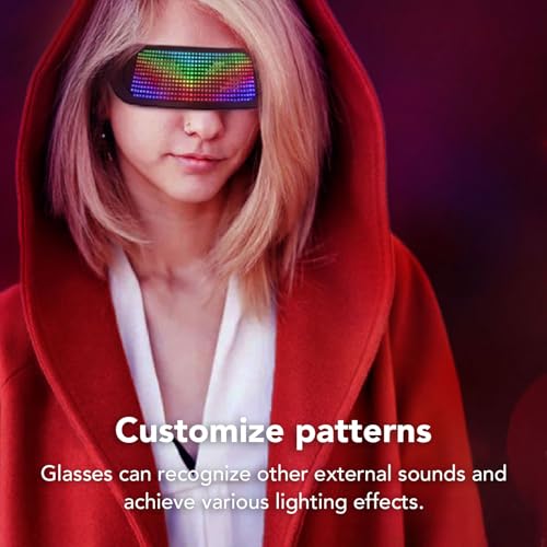 Garsent Occhiali Intelligenti LED Occhiali Luminosi a Colori, Controllo Connesso Tramite App Bluetooth, Fai Te/Testo/Graffiti/Animazione/modalità Ritmo, per Adulti, Concerti,