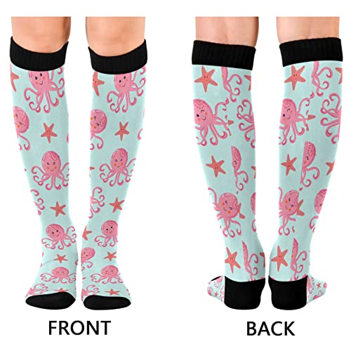 Wusikd Pink Octopuses Compression Socks for Women and Men Circulation Starfishes Long Socks for Athletic Running 12