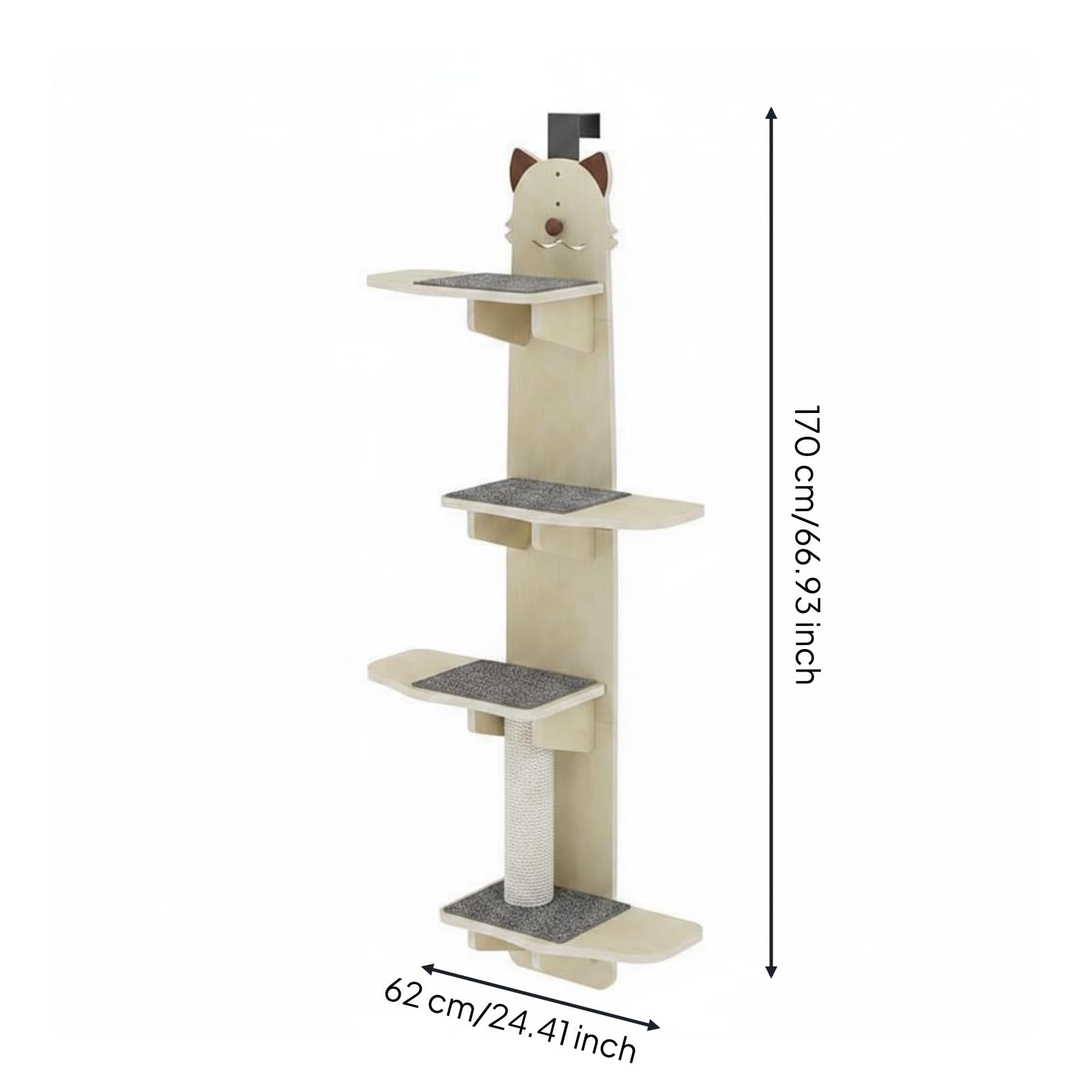 Tiragraffi Torre per Gatti Arrampicata Albero Piattaforme in HDF con Mensole Imbottite Superfici Testurizzate E Sfera, Testa Di Gatto In Legno Massello Multistrato Da 12 Mm 170 Cm