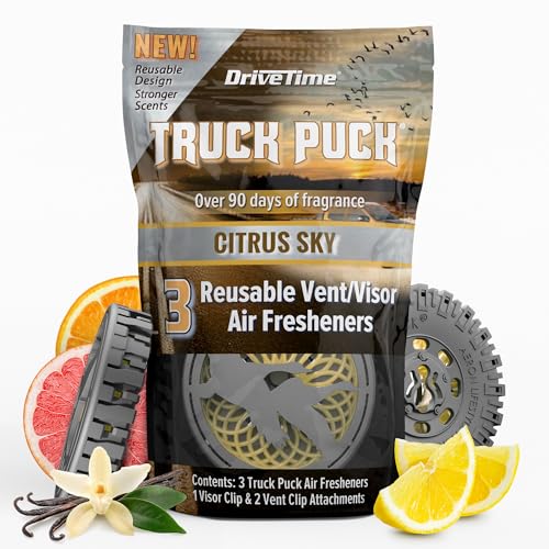 Image of Drive Time Truck Puck Citrus Sky Fragrancee Car Air Freshener - Long-Lasting Car Deodorizer, Refillable Vent & Visor Clip Auto Air Freshener for Car, Truck & SUV, Premium Fragrance, Pack of 3
