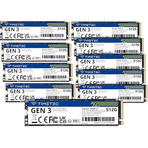 Timetec 512GBx10 (10�p�b�N) SSD NVMe PCIe Gen3x4 8Gb/s M.2 2280 3D NAND TLC 350TBW SLC �L���b�V���ǂݎ��/�������ݑ��x �ő�2,000/1,600MB/�b �����\���b�h�X�e�[