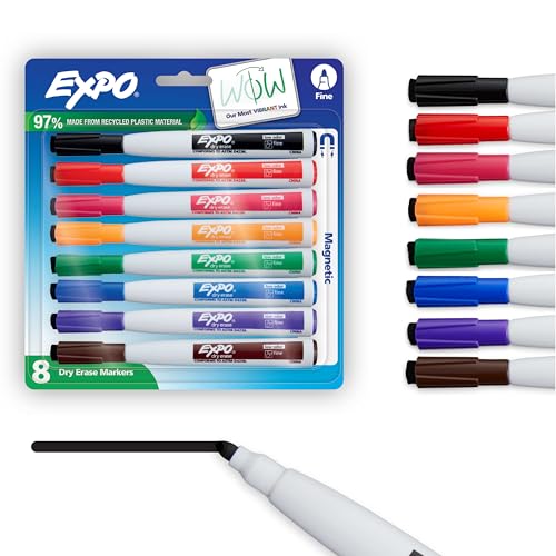 Expo Magnetic Dry Erase Markers with Eraser, Fine Tip, Assorted, 8 Count