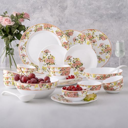 Image of Larah by Borosil 29pc Opalware Amora Dinner Set for Family of 6 | Microwave & Dishwasher Safe Crockery Set for Dining & Gifting | Plates & Bowls