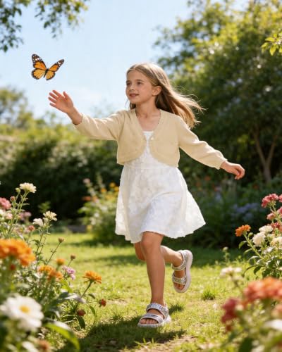 Image of Girls Cardigan, Girls Bolero Shrug Sweater, Kids Knit Hollow Out Long Sleeve, Button Cover Up Cropped Tops