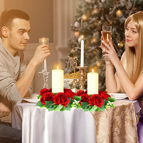 4 Pcs Valentine's Day Artificial Rose Candle Rings Valentine's Day Candle Ring Candle Holder With Leaves Rose Wreath Mini Valentine Wreath For Wedding Centerpieces (Burgundy) #TOP4