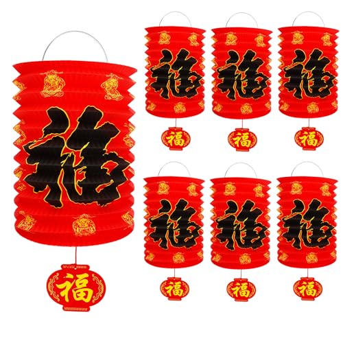 Chinese New Year Lanterns Decoration 2026, 6 Pcs Lunar New Year Red Fu Paper Lanterns, 6.2 x 11 Inches Lucky Fu Character Lantern Lunar Spring Festival Ceiling Hanging Decor for Home Restaurant Store