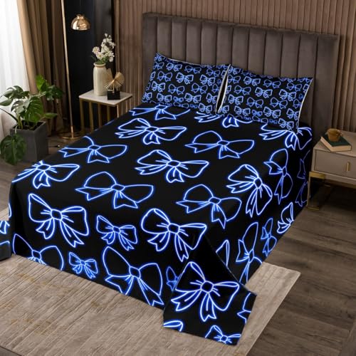 jejeloiu Bow Bedspread for Girls Bowknot Coverlet Set Queen Size Blue Black Kawaii Quilted Coverlet Cute Bedroom Decor Breathable Soft Lightweight Microfiber 3Pcs