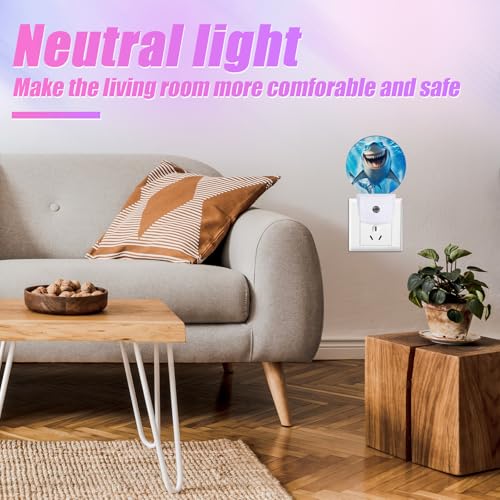 Image of Funny Shark Night Light Sea Animals Night Lights LED Lamp Round Plug into Wall Nightlight with Dusk to Dawn Sensor Home Hallway Stairway Kitchen Decor