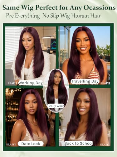Image of KLAIYI Black Cherry Layered Straight 7x5 Pre Cut Lace Front Wigs Human Hair Bye Bye Knots Glueless Ready to Wear Go Wig Pre Plucked Pre Bleached Dark Burgundy Wine Red Beginner Wig 180% Density 22Inch
