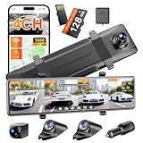 4 Channel Mirror Dash Cam,12' Rear View Mirror Camera,Dash Cam Front and Rear Side(Left,Right),Touch Screen DashCam,Automatic Reverse Camera, 7/24 Parking Monitor，Free 128GB SD Card