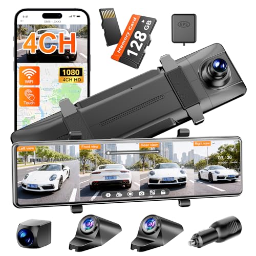Rearview Mirror Camera,4 Channel Dash Cam Front and Rear Side(Left,Right),12" Touch Screen Dash Cam, Backup Camera for Car, 7/24 Parking Monitor,Free 128GB SD Card,360 Mirror Dash Cam
