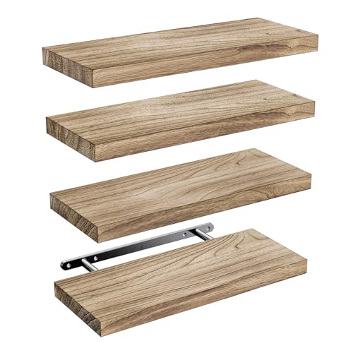 Pipishell Estanteria Pared, baldas Pared de 40 cm, Estantes de Pared de Madera de Paulownia, Estantes de Madera Juego de 4 para Baño, Dormitorio, Oficina, Salón, Cocina, etc (marrón Claro)