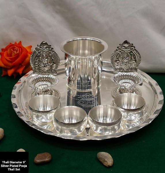 indiancraftsbykanika Silver Plated Pooja Thali Set of 8 Pieces for Diwali/Housewarming Pooja/Temple/Gift Item