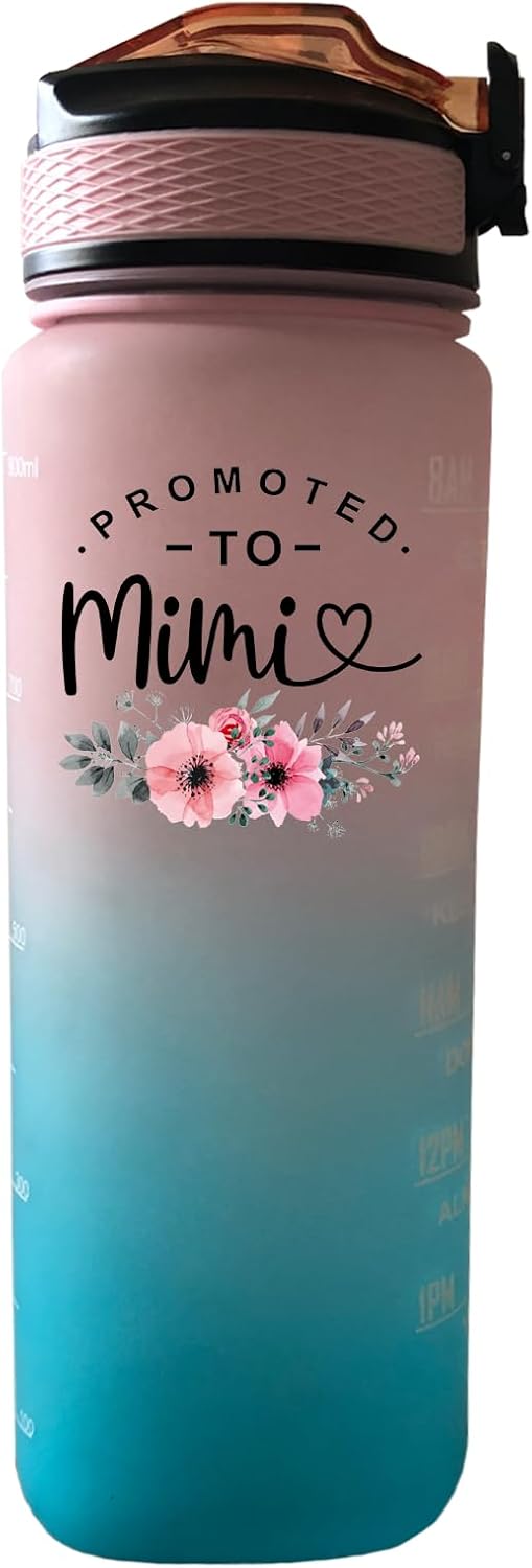 Promoted To Mimi 32 OZ Motivational Water Bottle Time Marker Straw