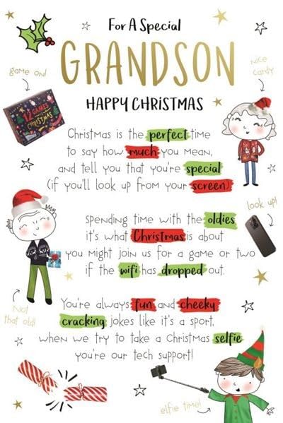 Grandson Christmas Card Funny Xmas Card for Grandson Cute & Humorous Festive Greeting Card 9 x 6 Inches