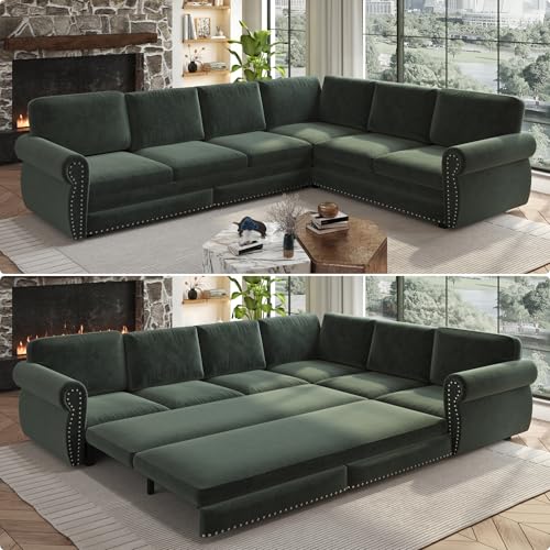 Image of KCGKCG 118 inch Sleeper Sofa Bed, Sectional Couches for Living Room /Apartment, Chenille L Shaped Couch with Pull Out Couch Bed, Convertible Sectional Sofa with Rolled Arm & Nailhead Trim, Green