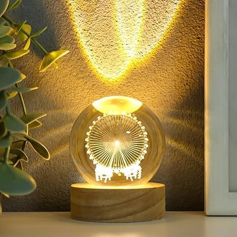 Image of 3D Galaxy Crystal Ball Night Lamp, Solar System Glass Art Ornament Wood Holder Display Stand Night Lamps Desktop Home Decoration Birthday Gift for Kids (Ferris Wheel)