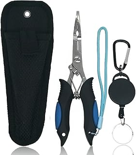 Amoygoog Stainless Steel Fishing Pliers - Needle Nose Plier for Cutting Fishing Line, Multitool Pliers with Sheath and Telescopic Lanyard | Fishing Tools