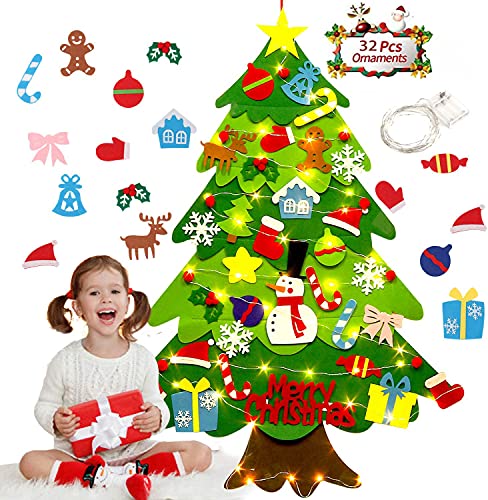 DIY Felt Christmas Tree Set - 32 PCS Ornaments 3.2 FT Tall Wall Hanging with 20 LED String Lights for Toddlers Kids Xmas Gifts Home Door Wall Decoration (Merry Christmas)