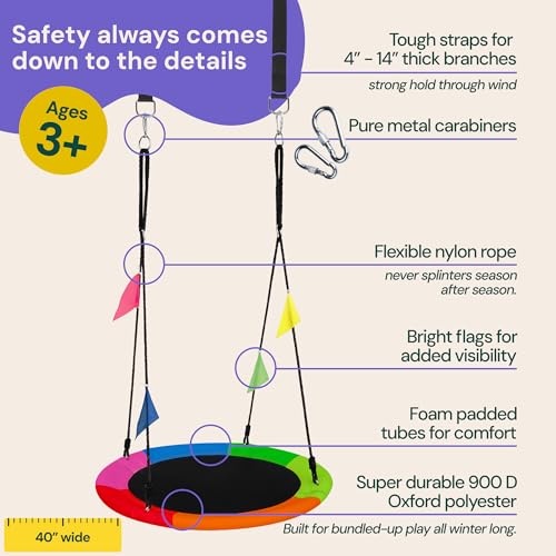 image for PLAYVIBE 40-Inch Saucer Swing for Kids Outdoor - Multicolor Tree Swing