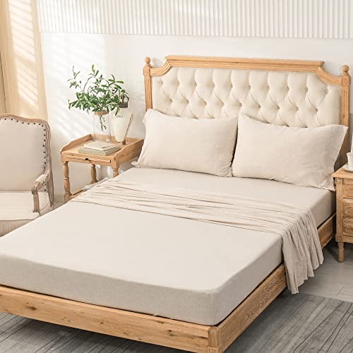 PURE ERA Jersey Knit 4pc Bed Sheet Set 100% T-Shirt Heather Cotton Super Soft Comfy Breathable Fits Mattress Up to 20" Extra Deep Pocket (Heather Beige, King)