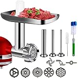 Metal Food Grinder Attachment for KitchenAid Stand Mixers， Meat Grinder Kitchen Aid Asseccories for KitchenAid，Includes 3 Sausage Stuffer Tubes, 5 Grinding Plates，Silver