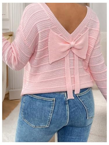 Women's Plus Size Textured Sweater Bow Back Crew Neck Long Sleeve Pullover Knitwear Lightweight Knit Tops4