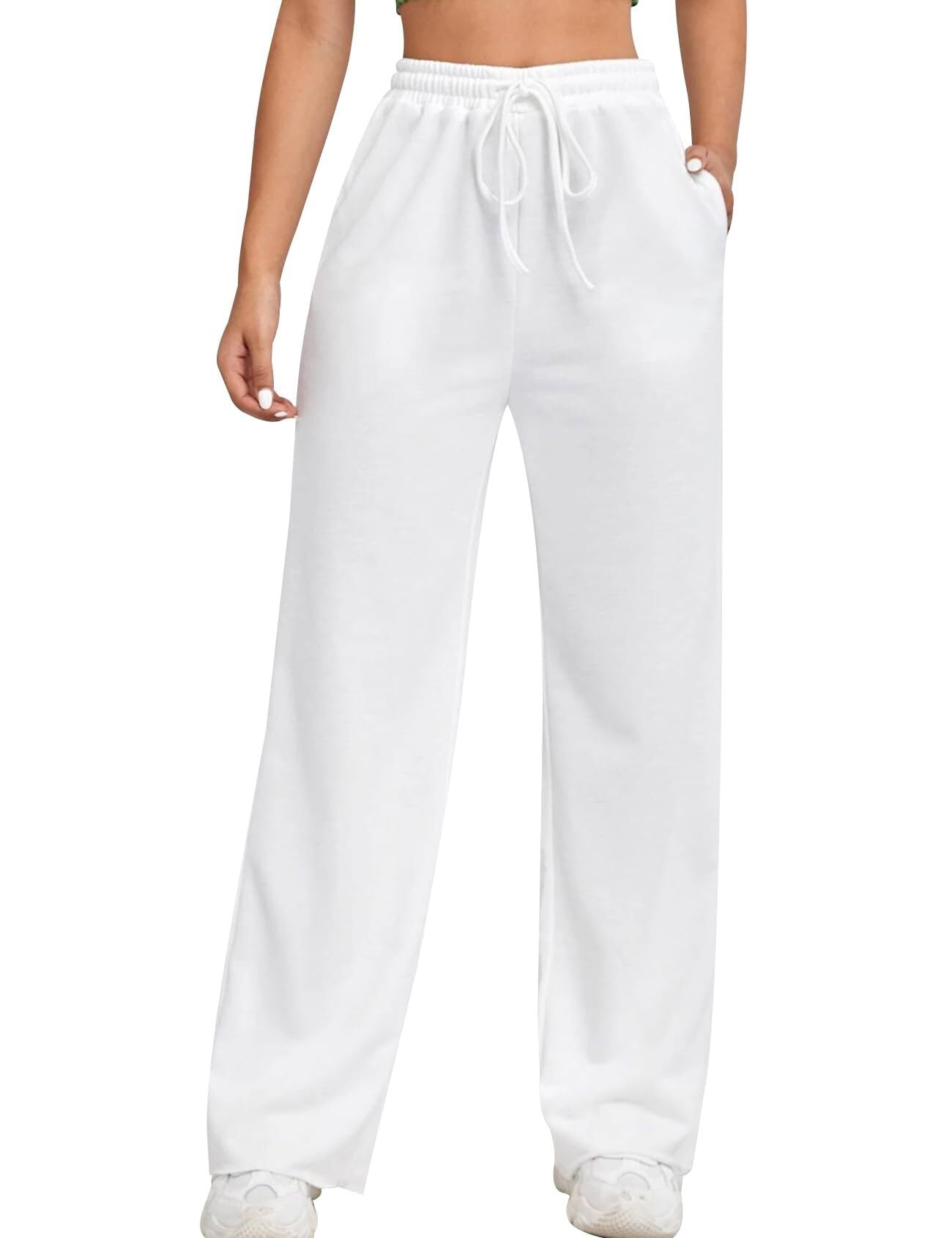 Wide Leg Sweatpants for Women Elastic High Waisted Drawstring Loose Pants with Pockets(White,XS-S)
