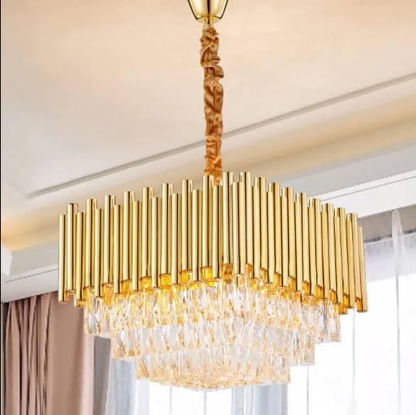 Image of Modern Crystal Square Gold 500mm Chandelier Pendant Ceiling Light Fixture Flush Mount Chandelier for Dining Room Living Room Bedroom Foyer Hallway Entryway