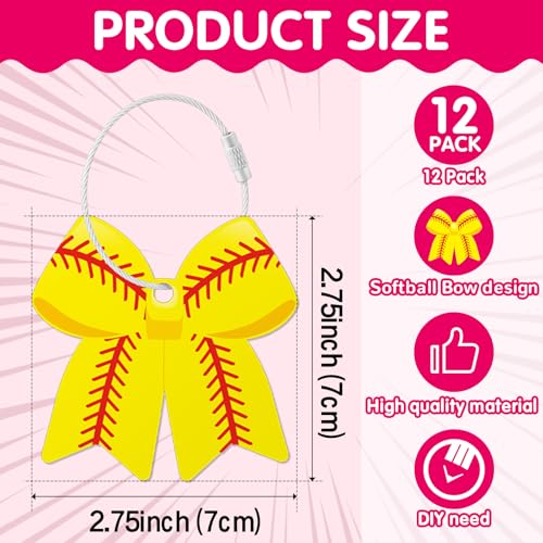 12 PCs Softball Bow Luggage Tags for Suitcases Travel Suitcase Labels with Metal Ring 2.75in Softball Bow Keychain PVC Name Id and DIY Pocket Hug Card for Men Women Travel Bag Suitcase Gift2