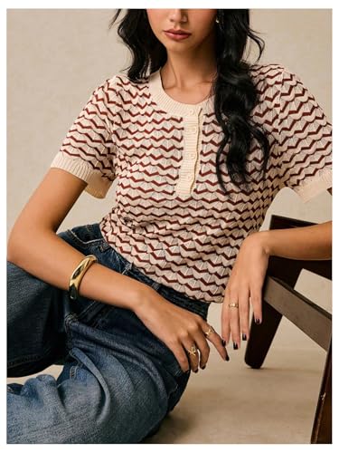 Verdusa Women's Striped Half Button Sweater Short Sleeve Crew Neck Lightweight Knit Tops4