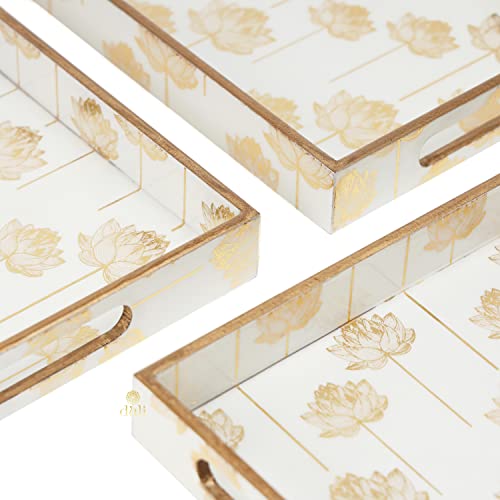 Image of DULI Rectangular Set of 3 MDF Wood Enamel Coated Multipurpose Trays| Serving Tray For Home & Dining Table (15x9,13x8 & 11x7 Inches) (Setof3- GoldLotus), Multipurpose Serving Tray