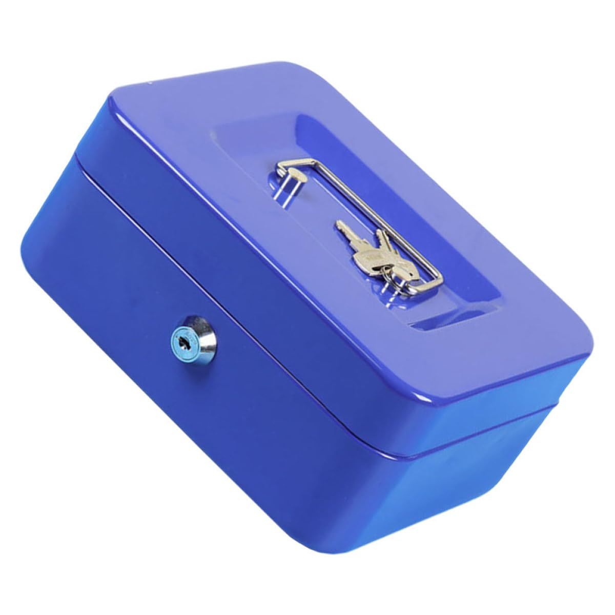 Boîte à Monnaie en Métal Bleue avec Serrure à Clé, Double Couche | Plateau Intérieur à Six Compartiments, pour Pièces, Bagues et Clés, Format Portable
