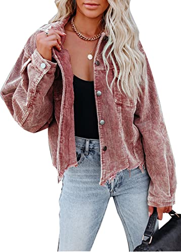 LCRRRN Womens Cropped Corduroy Jacket Casual Oversized Spring 2026 Button Down Shacket Coat Fringe with Frayed Hem (Red M)