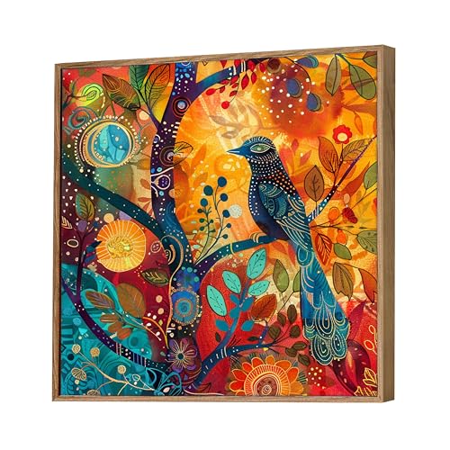 Image of PAINTINGMANTRA Large Framed Canvas Painting Abstract Birds In a Tree Wall Painting, Decorative Modern Paintings For Home, Living Room, Hotel Bedroom And Office Decor (Gold, Size 23x23 Inch)