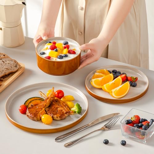 Image of vancasso ONION Ceramic Plates and Bowls Sets, 12 Pieces Grey Dinnerware Sets for Kitchen, Reactive Glaze Dishes Set for 4, Dishwasher and Microwave Safe